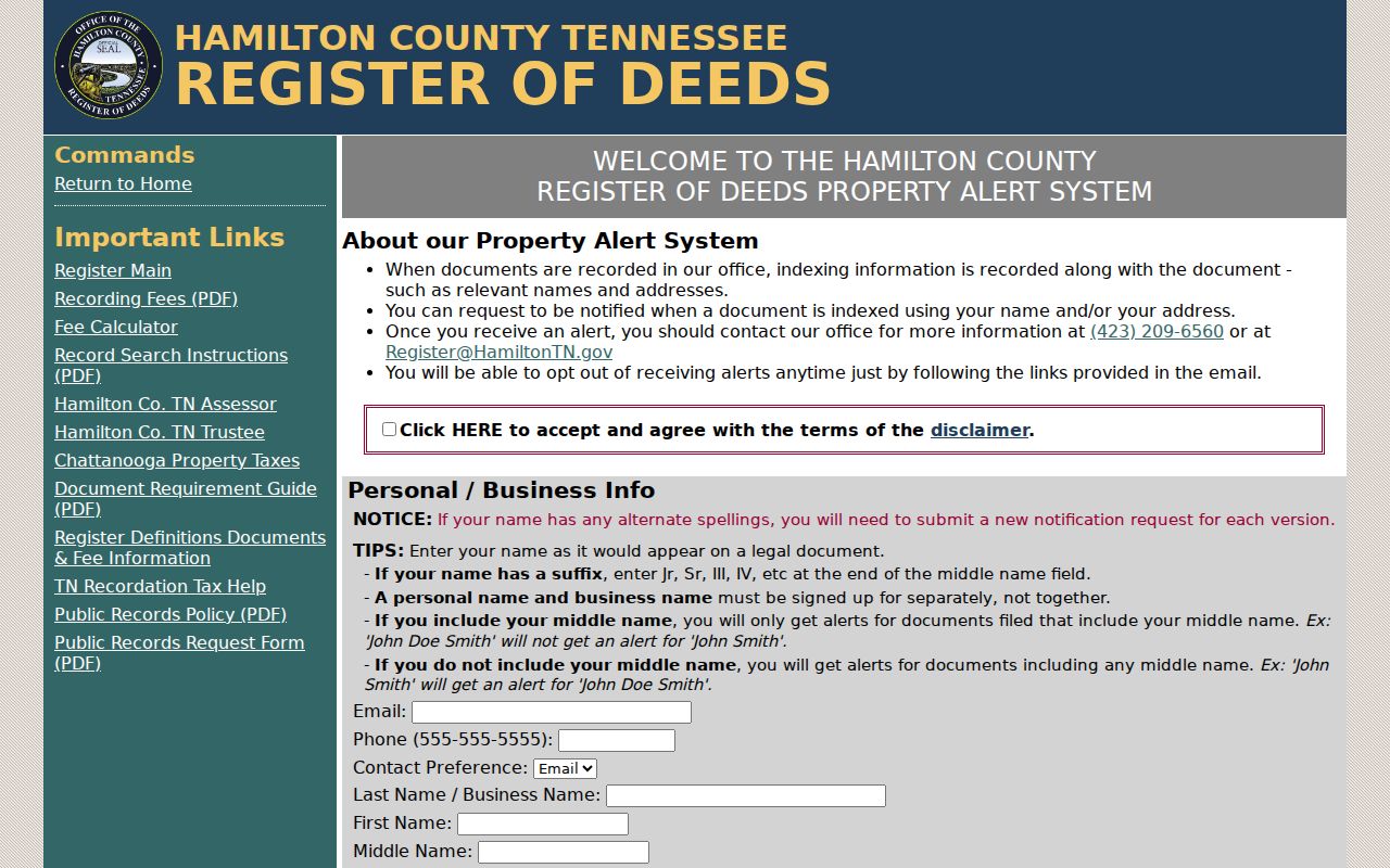 East Ridge street directory Hamilton County Property Alert registration form